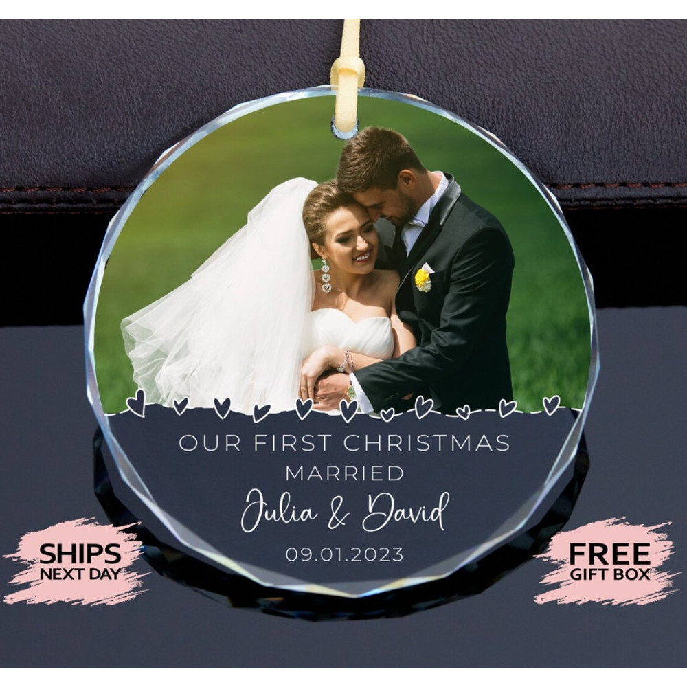 Personalized Married Christmas Glass Ornament, Christmas Ornaments Wedding Photo, Wedding Ornament For Couple, Glass Ornament, Gift for Him.jpg