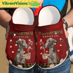 greyhound italian cute dog with a cup of coffee crocs