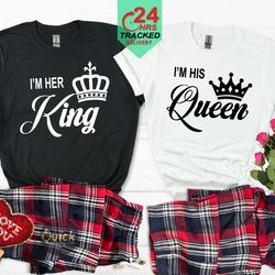 matching his and hers king queen tartan pyjamas, white tops couple valentines gifts, boyfriend girlfriend couple matchin