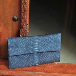 Genuine python skin blue jeans handmade clutch, classy elegant leather envelope bag, purse, flat snake leather clutch
