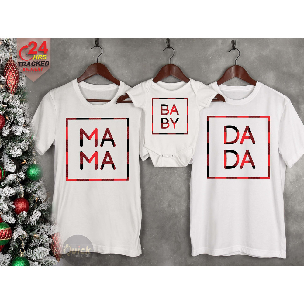 Custom Family Matching Christmas Shirts, Daddy Mummy Baby Christmas T Shirt, Xmas Baby Outfit, Buffalo Plaid Christmas Top, Christmas Eve.jpg