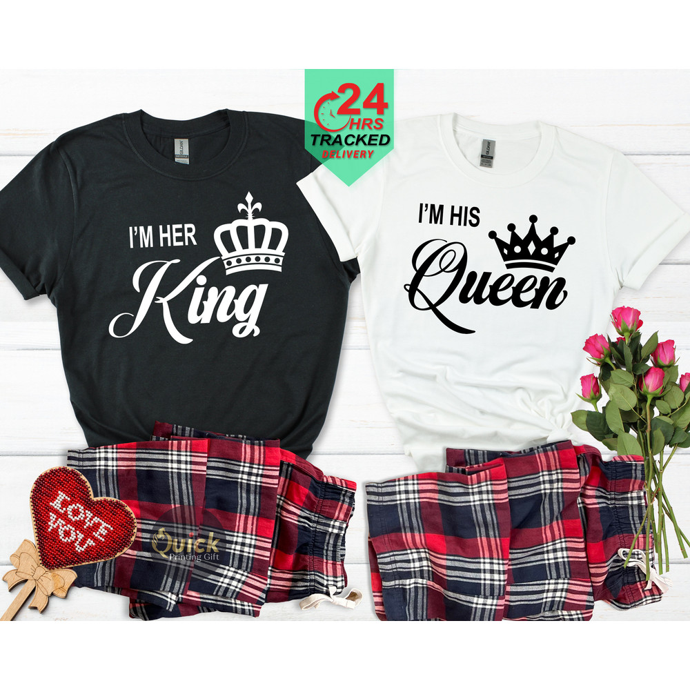 Matching His and Hers King Queen Tartan Pyjamas, White Tops Couple Valentines Gifts, Boyfriend girlfriend Couple matching Christmas pajamas.jpg