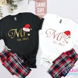 mr mrs matching christmas couple tshirt, hubby wifey shirts, newly married christmas shirt, honeymoon tshirt, christmas