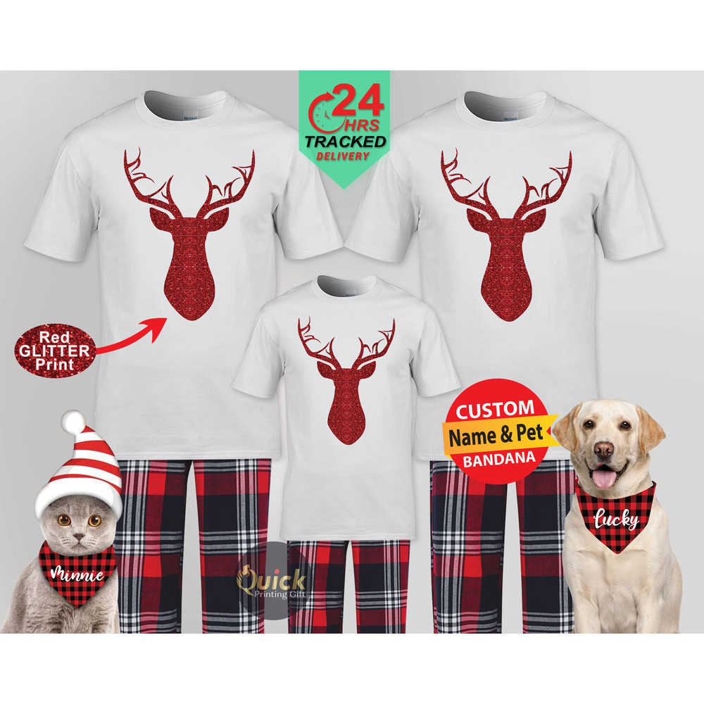 Personalised Christmas Pyjamas UK, Matching Family Christmas Pyjamas 2022, Reindeer Christmas Tshirt, Couple Pajamas, Xmas Dog Bandana.jpg
