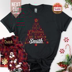 personalised matching couple christmas shirts, mr mrs xmas wedding tshirt, first married christmas outfit, christmas gif