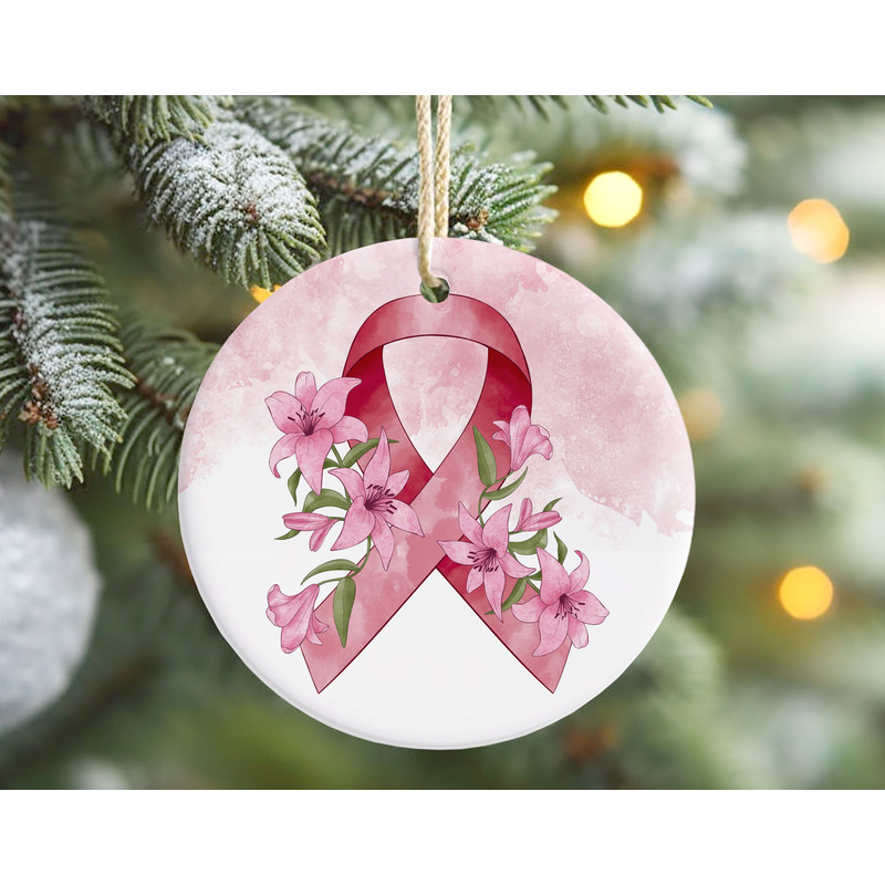 Floral Breast Cancer Ceramic Ornament, Pink Ribbon Ornament Christmas Decor, Gift for Breast Cancer Survivor, Custom Cancer Ornament.jpg