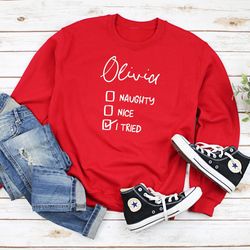 personalised naughty nice i tried christmas jumper unisex adult kids size sweatshirt santas checklist sweatshirt red
