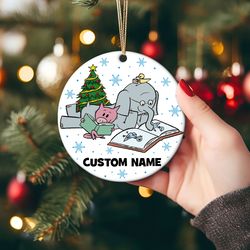 personalized elephant piggie ornament, elephant piggie pigeon christmas keepsake, kids book character ornament