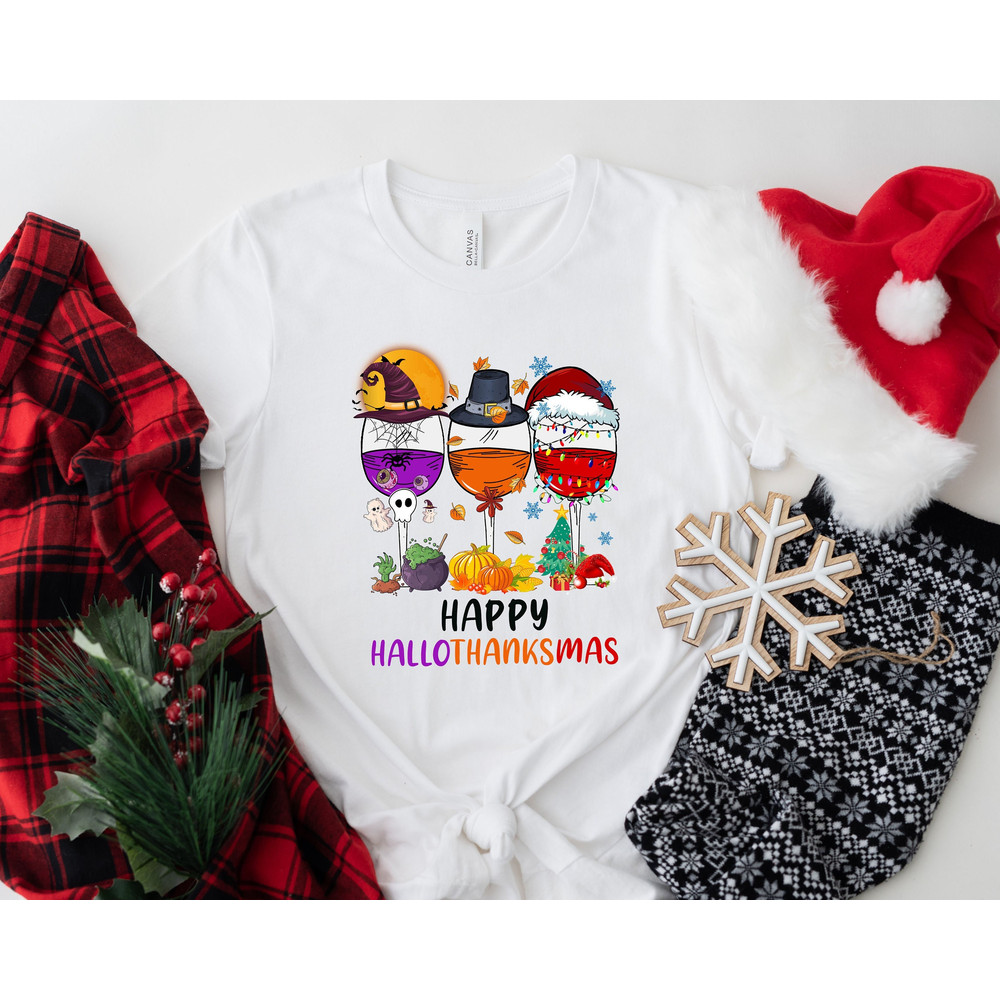 Happy HalloThanksMas Wine Shirt - Cute Drinking T-shirt - Funny Festival Tee - Women Christmas Shirt - Thanksgiving Tee - Halloween T-shirt.jpg