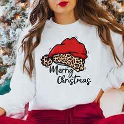 Leopard Santa Hat Merry Christmas Sweatshirt, Christmas Tshirt, Cheetah shirt, Christmas Sweatshirt, Christmas Family Sw