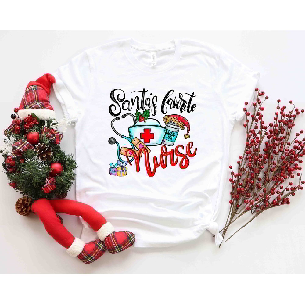 Santa's Favorite Nurse Shirt, Nurse Shirt, Nurse Life Shirt, Cute Santa Tee, Christmas Shirt, Merry Christmas Shirt, Christmas Gift for Her 1.jpg