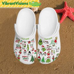 the grinch grinchmas face pattern christmas custom name clogs shoes