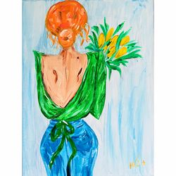 Beautiful Girl Painting Boss Woman Original Artwork Fashion Illustration Art Denim Redhead Woman Figurative Wall Art Be
