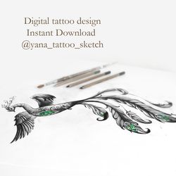 Phoenix Tattoo Design Phoenix Tattoo Sketch Phoenix Tattoo Ideas, Instant download JPG, PNG