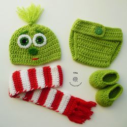 HANDMADE Grinch Costume | Crochet Baby Halloween Set | Christmas Baby Photo Prop | Baby Shower Gift