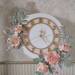 Large wall clock with 3D roses CHRISTMAS GIFT Shabby chic decor Wedding gift Silent wall clock for bedroom , girl's room