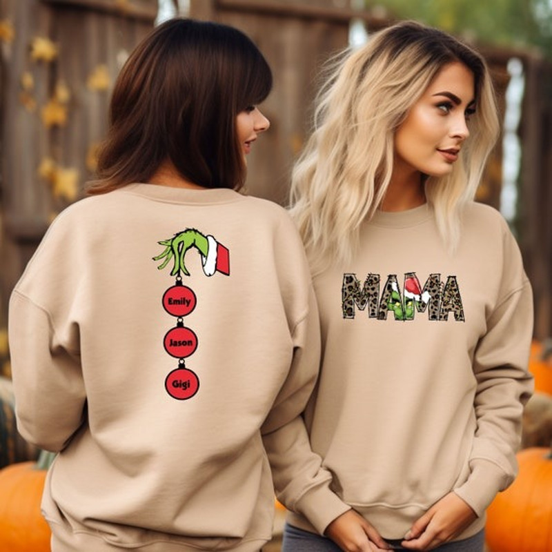 Custom Mama Grinch Sweatshirt, Christmas Kids Names Shirt, Mama gift sweat, Xmas mom pajamas, Mother gift shirt, Mama Christmas gift Tee.jpg