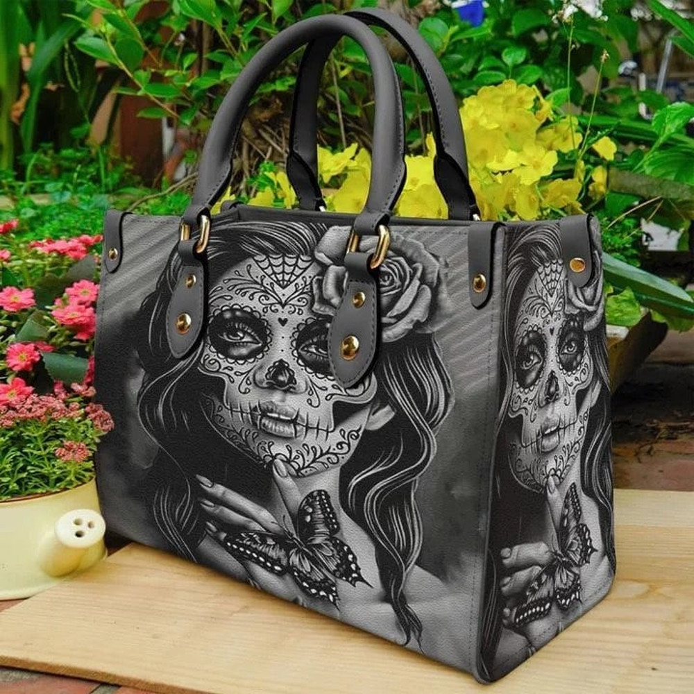 Day Of The Dead Butterfly Leather Handbag, Women Skull  Handbag, Personalized Leather bag,Love Skull bones ,Skull Handbag,Handmade Bag.jpg