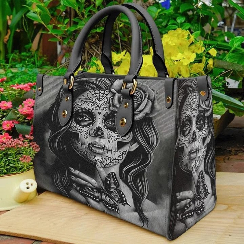 Day Of The Dead Butterfly Leather Handbag, Women Skull  Handbag, Personalized Leather bag,Love Skull bones ,Skull Handbag,Handmade Bag.jpg