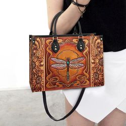 dragonfly sunflowers leather handbag, dragonfly handbag, women dragonfly bag