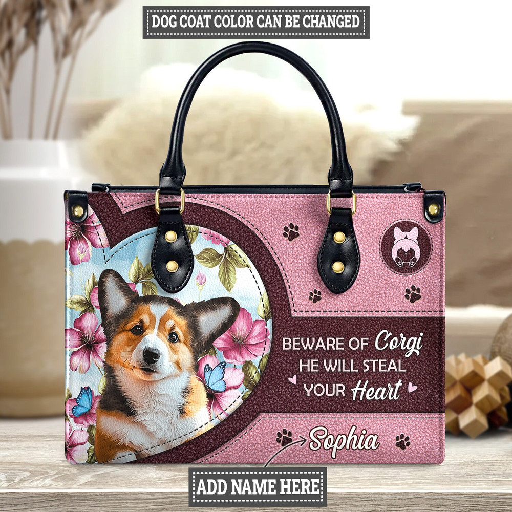 Personalized Corgi Leather Handbag,Cute Dog Handbag,Beware Of Corgi He Will Steal Your Heart,Corgi Leather bag,Love COrgi,Handmade Bag.jpg