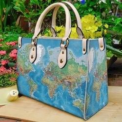 Custom World Map Vintage Purse Handbag, Map Handbag, Custom Map handbag