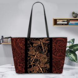 dragonfly leather tote bag, dragonfly handbag, dragonfly leather handbag