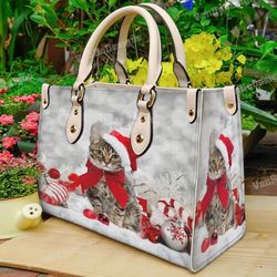 christmas cat women leather handbag, custom leather handbag, christmas woman handbag