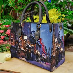 christmas town leather handbag, custom leather handbag, christmas woman handbag