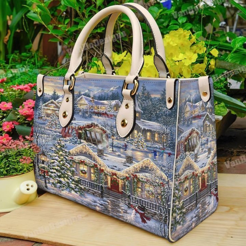 Christmas Village Leather Handbag, Custom Leather Handbag, Christmas Woman Handbag, Christmas Women Bag and Purses, Christmas Gift.jpg