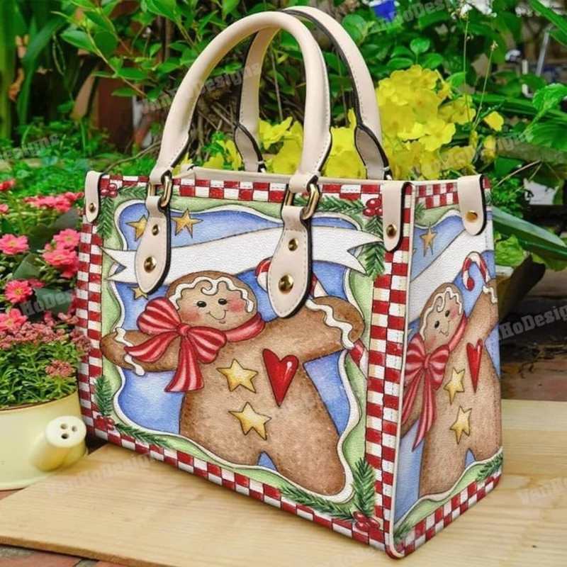 Cute Gingerbread Women leather Handbag, Christmas Woman Handbag, Christmas Women Bag and Purse, Custom Leather Bag Handbag, Christmas Gift.jpg