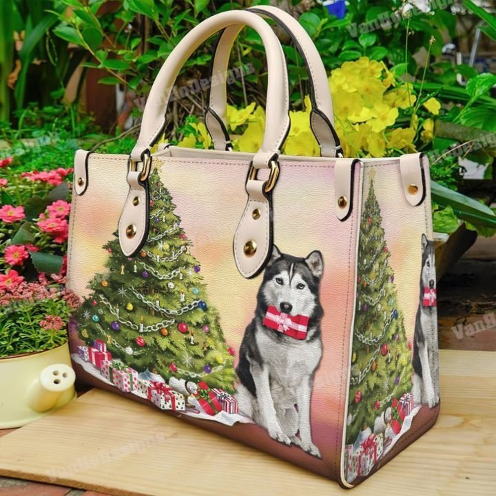Husky Christmas Tree Leather Handbag, Custom Leather Handbag, Christmas Woman Handbag, Christmas Women Bag and Purses, Christmas Gift.jpg