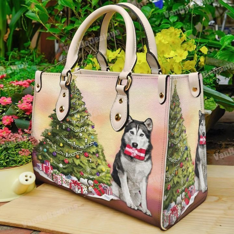 Husky Christmas Tree Leather Handbag, Custom Leather Handbag, Christmas Woman Handbag, Christmas Women Bag and Purses, Christmas Gift.jpg