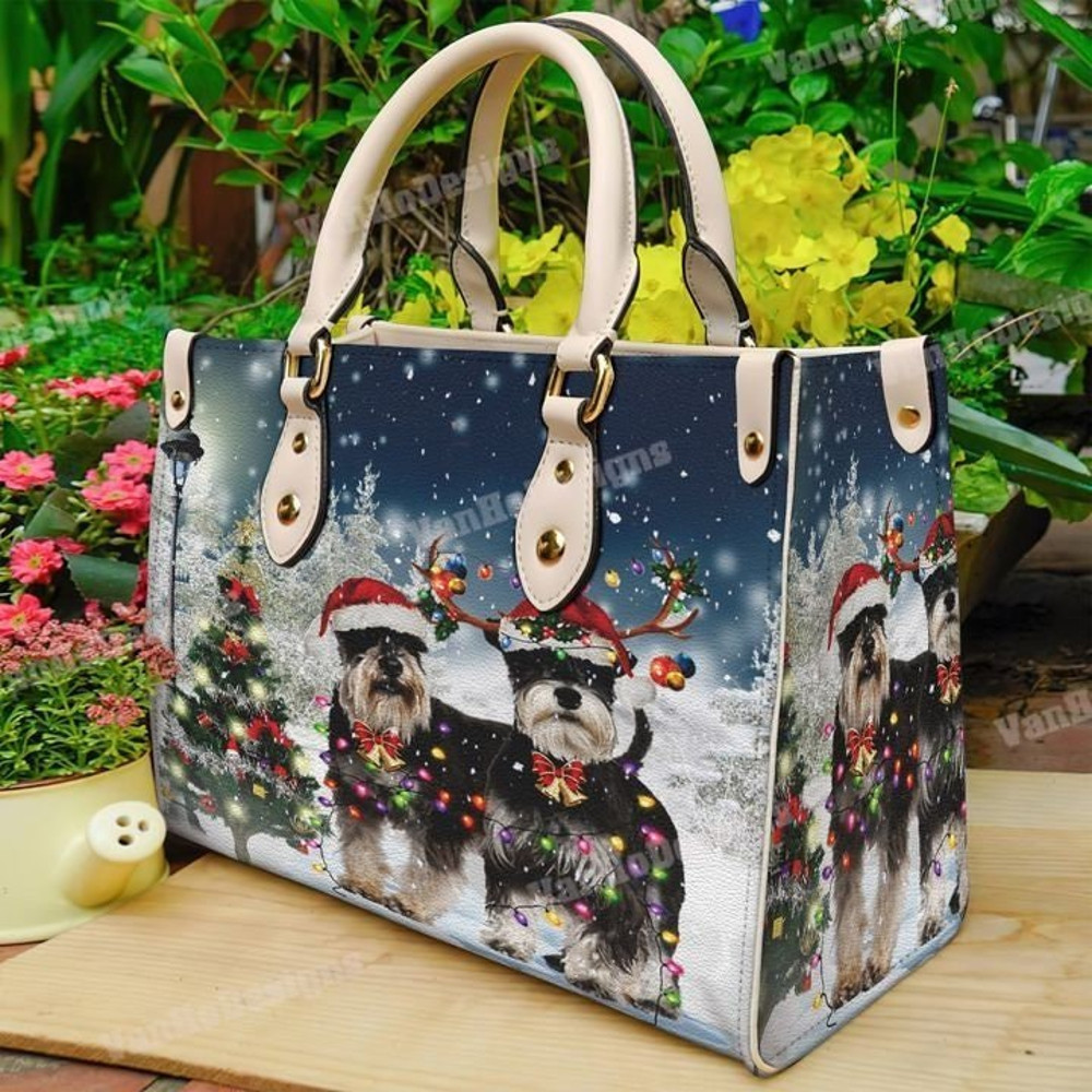 Miniature Schnauzer Leather Handbag, Custom Leather Handbag, Christmas Woman Handbag, Christmas Women Bag and Purses, Christmas Gift.jpg