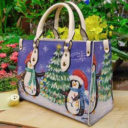 penguin christmas tree leather handbag, custom leather handbag, christmas woman handbag