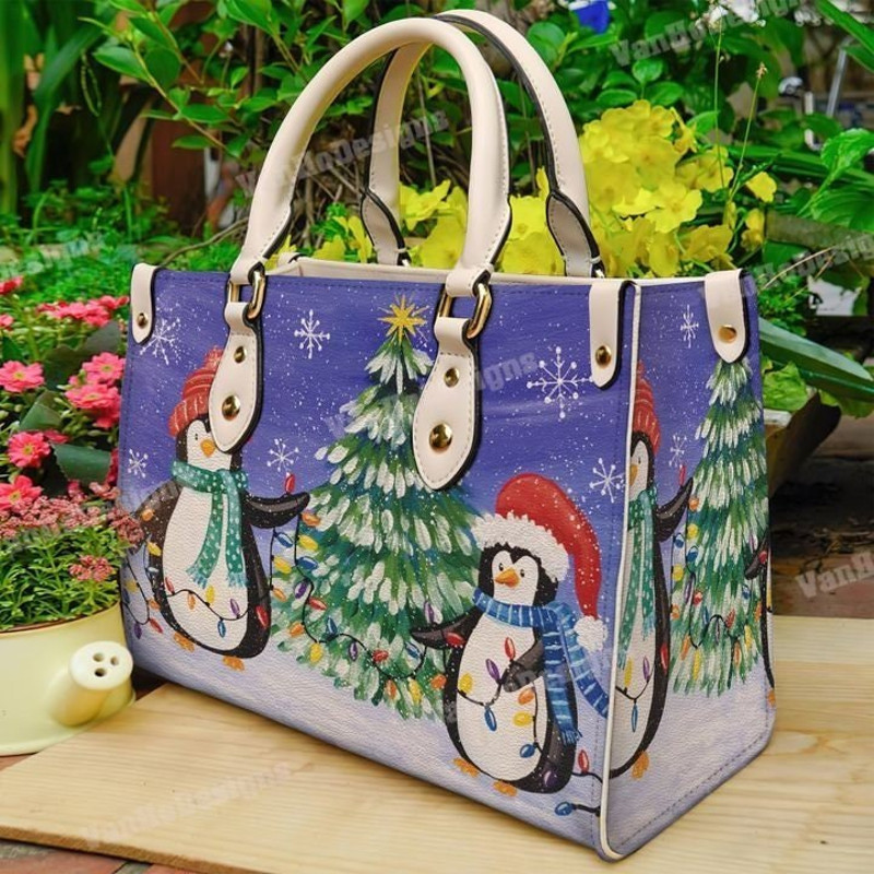 Penguin Christmas Tree Leather Handbag, Custom Leather Handbag, Christmas Woman Handbag, Christmas Women Bag and Purses, Christmas Gift.jpg