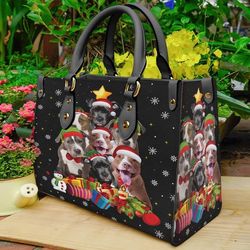 pitbull christmas tree leather handbag, holiday dog handbag, seasonal dog handbag