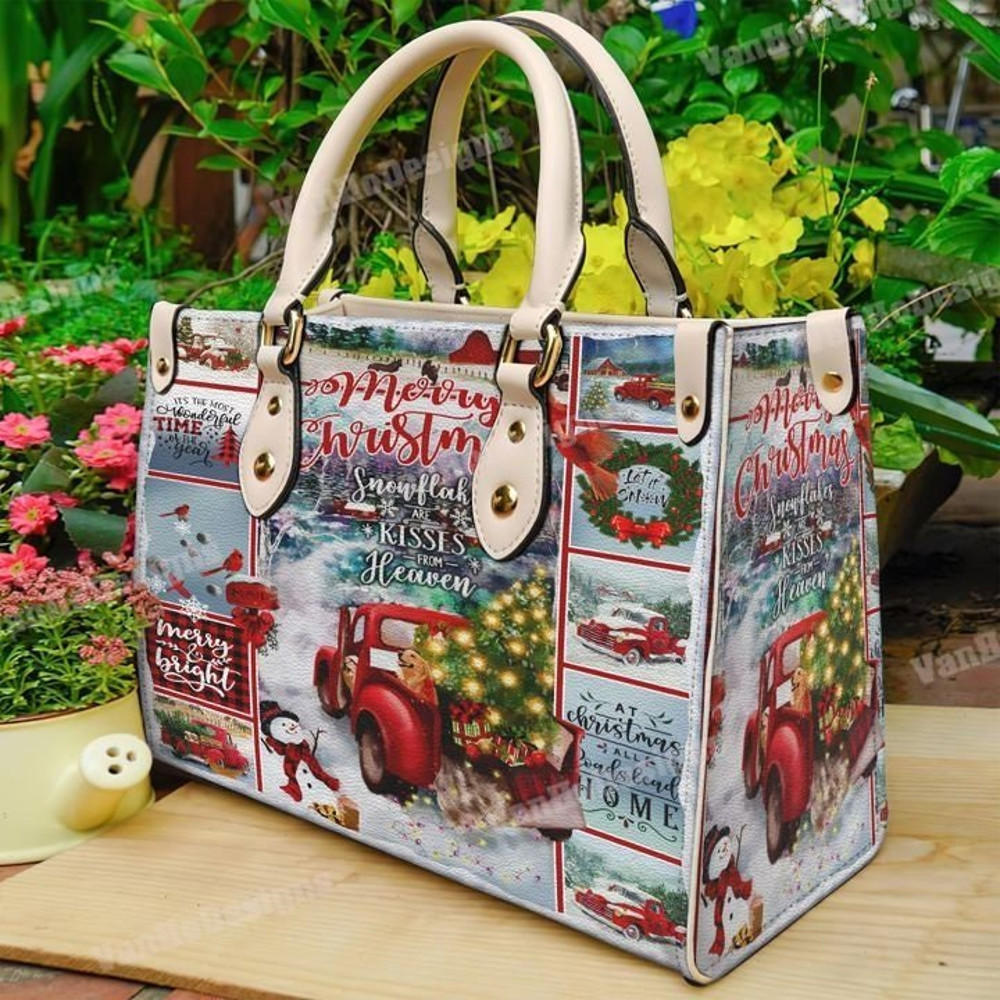 Red Truck Leather Handbag, Custom Leather Handbag, Christmas Woman Handbag, Christmas Women Bag and Purses, Christmas Gift.jpg