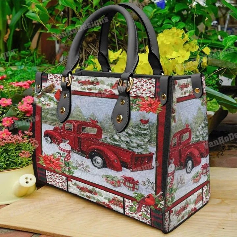Red Truck Snowy Women Leather Handbag, Christmas Woman Handbag, Christmas Women Bag and Purses, Custom Leather Bag, Christmas Gift.jpg