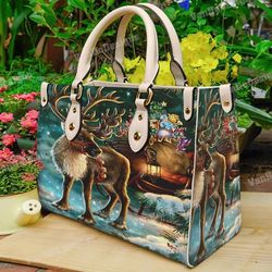 Reindeer Christmas Leather Handbag, Custom Leather Handbag, Christmas Woman Handbag