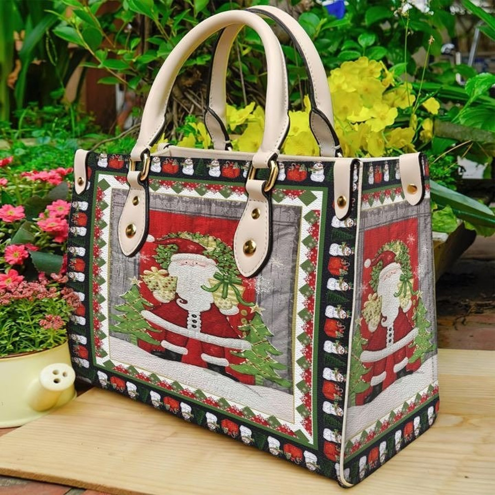Santa Claus Christmas Women Leather Handbag, Custom Leather Handbag, Christmas Woman Handbag, Christmas Women Bag and Purses, Christmas Gift 1.jpg