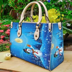 snowman women leather handbag, custom leather handbag, christmas woman handbag