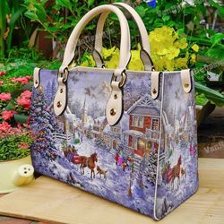 village christmas leather handbag, custom leather handbag, christmas woman handbag