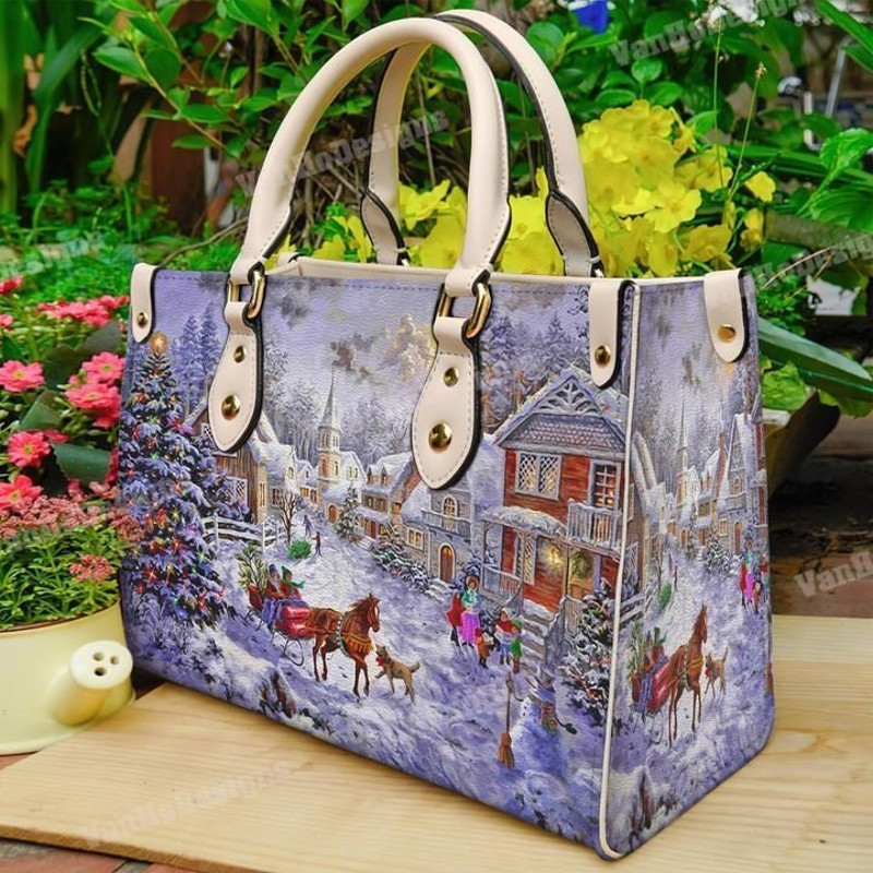 Village Christmas Leather Handbag, Custom Leather Handbag, Christmas Woman Handbag, Christmas Women Bag and Purses, Christmas Gift.jpg