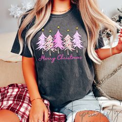 pink christmas tree t-shirt, cute christmas shirt, women holiday shirt, iprintasty christmas, women christmas shirt comf