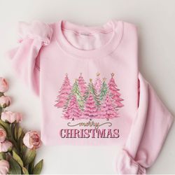 pink merry christmas tree sweatshirt, pink christmas tree sweatshirt, christmas party sweatshirt, christmas vacation swe