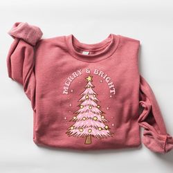 pink merry christmas trees sweatshirt, womens christmas sweatshirt, merry and bright, holiday sweater, winter shirt, cut