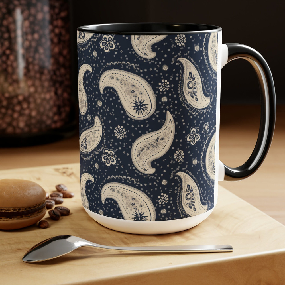 Blue Paisley Coffee Mug Daisy Mug Large15oz Ceramic Mug Elegant Paisley Floral Pattern Mug Vintage Paisley Tea Cup Floral Paisley Mug Gift 1.jpg