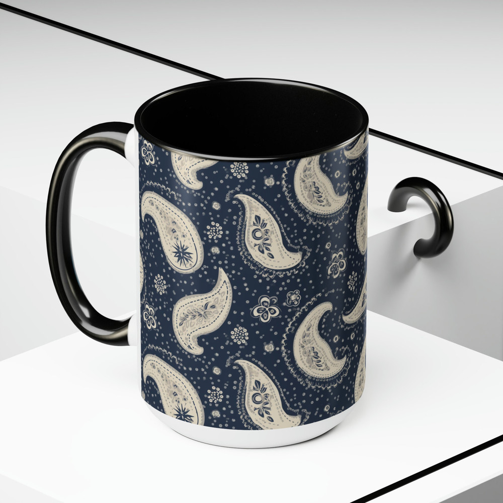 Blue Paisley Coffee Mug Daisy Mug Large15oz Ceramic Mug Elegant Paisley Floral Pattern Mug Vintage Paisley Tea Cup Floral Paisley Mug Gift 5.jpg