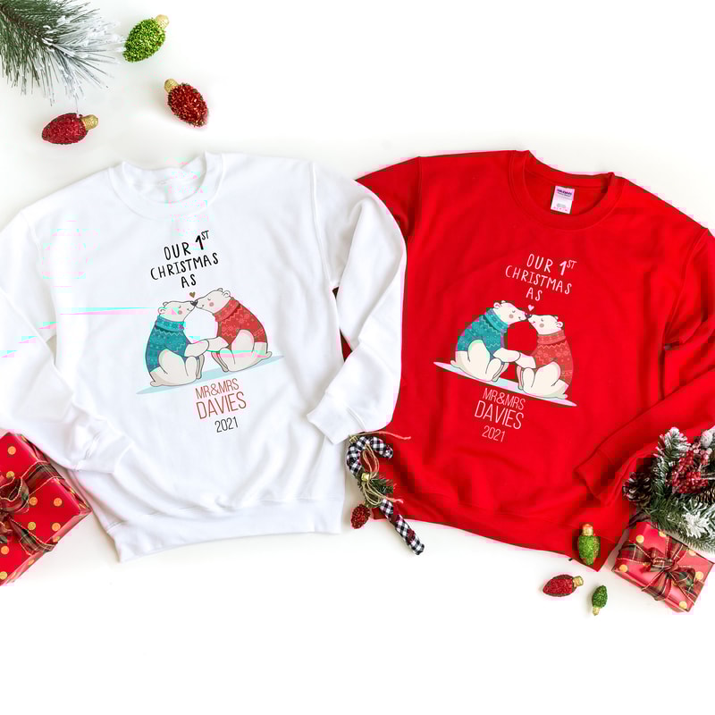 Personalised our first Christmas jumper as Mr & Mrs last name Newlywed New Husband Wife Cute polar bear couple Matching sweatshirt.jpg